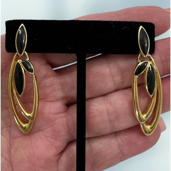 Vintage Jewelry Trifari Earrings Gold Plated Black Enamel Pierced Approx 2" Long - Picture 2 of 5